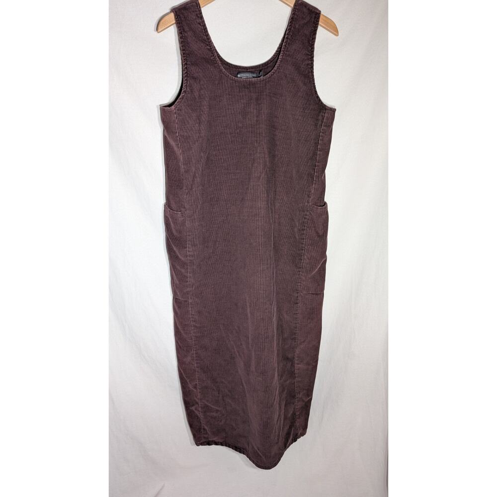 The J. Peterman Company Womens corduroy Midi Dress Sz M Purple Brown pockets 90s